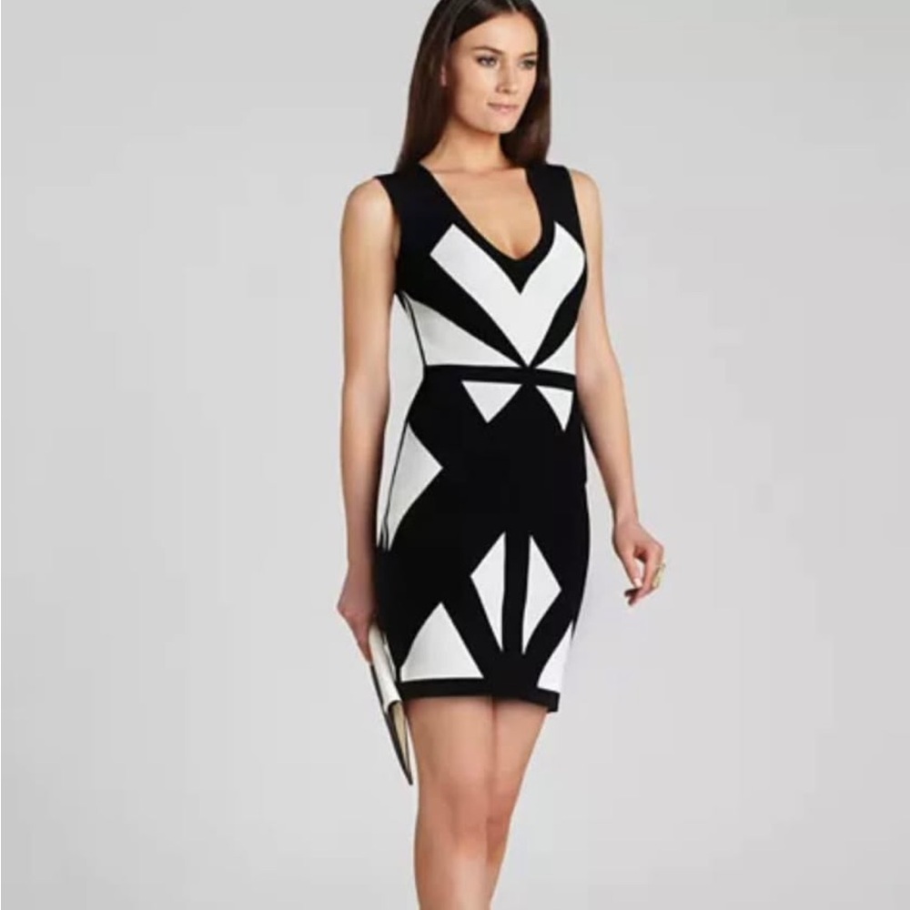 BCBGMaxAzria Sleeveless Evinna V-neck Geometric Jacquard Bandage Mini Dress